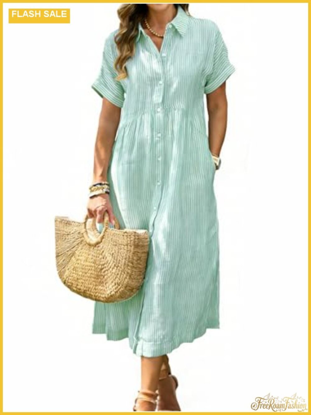 Striped Midi Shirt Dress, Short Sleeve Button Down Casual Side Slit Beach